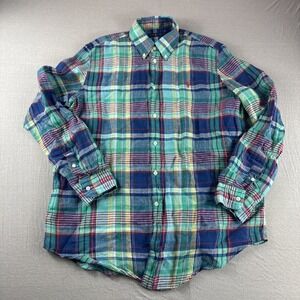 Ralph Lauren Linen Shirt Mens XL Madras Long Sleeve Button Up Preppy Luxury Blue